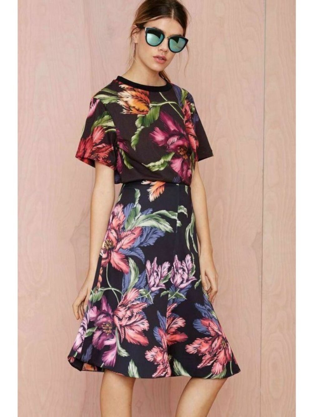 Cameo Night Lily Tropical Floral Midi Skirt Size L Black Lined - Picture 13 of 16